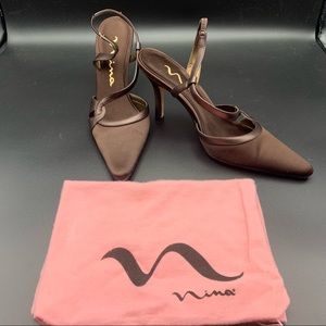 Nina Chocolate Brown Satin Heels, 4” heel - 8M